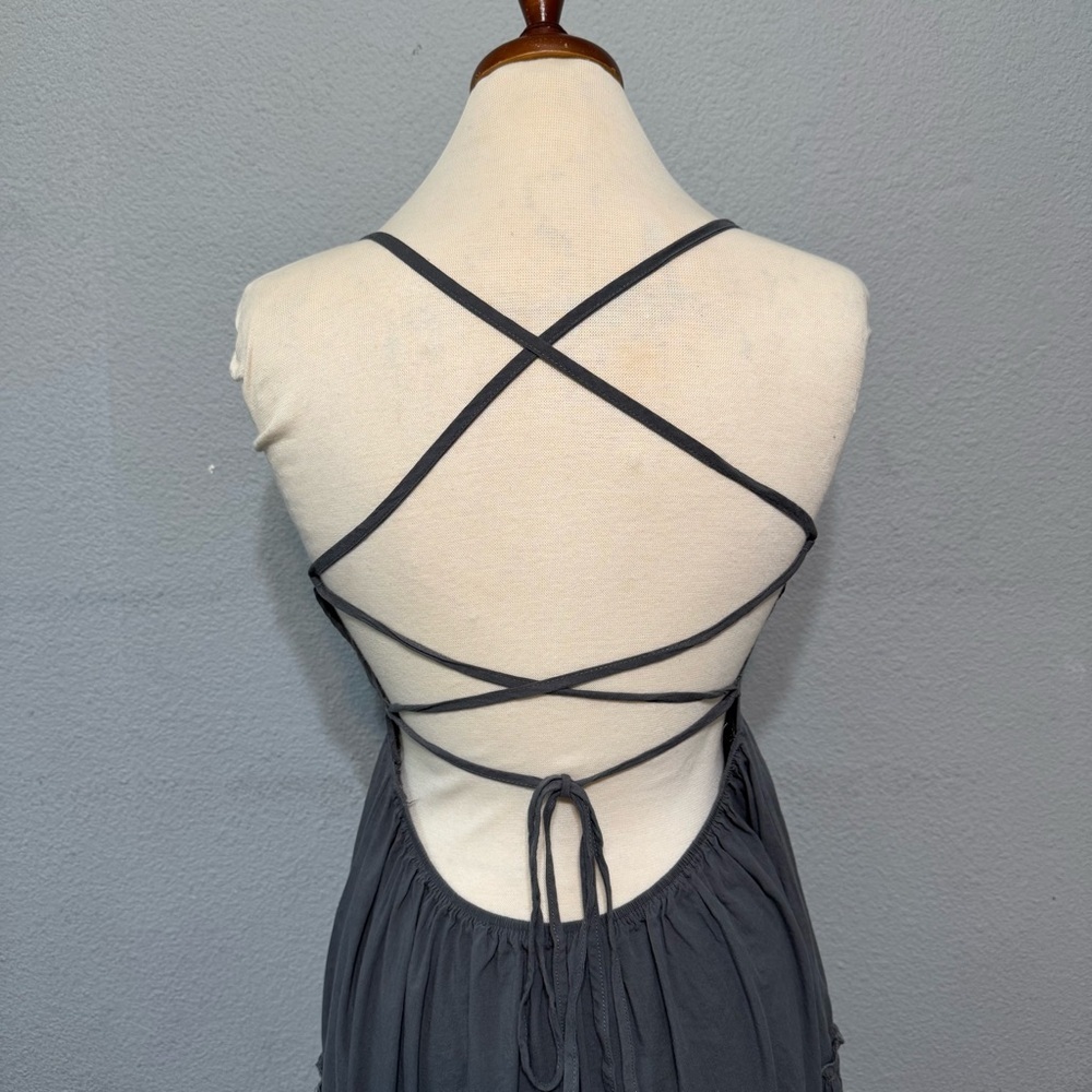 Elegant Gray Women's Bohemian Layered‎ Back Adjustable Strings Maxi Dress Size M - Picture 8 of 10